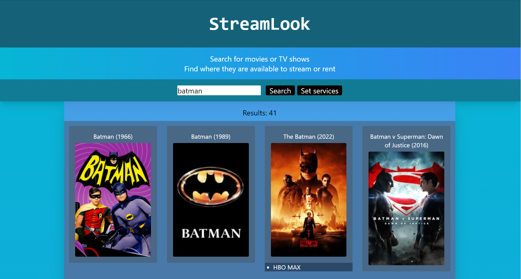 Website for movie streaming service search